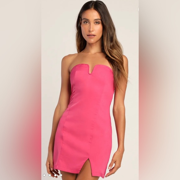 Riley | Hot Pink Strapless Bodycon Satin Homecoming Dress with Beading main image 1